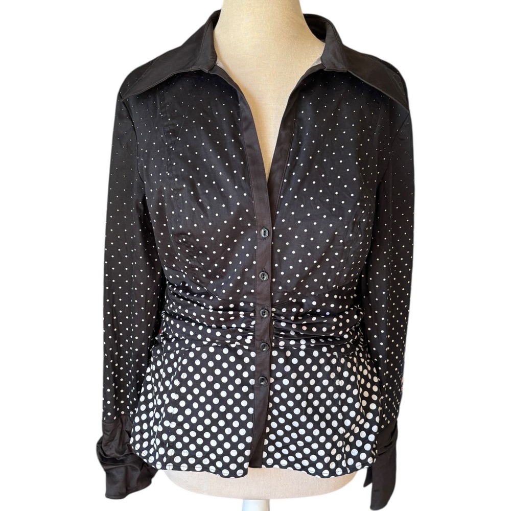 Kay Unger New York Black Polka Dot Peplum Blouse Ruched Waist Sz 14 VTG Stretch